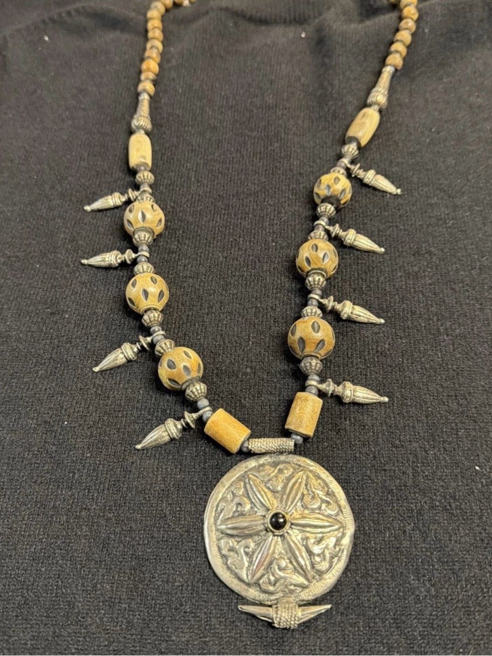 Vintage Tribal Style Necklace, Wooden Beads, Metal Pendant, & Ornate Metal Beads